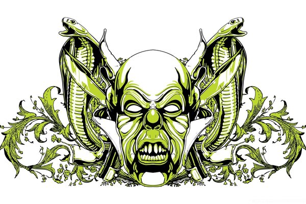 Scary drawing of a gremlin with snakes