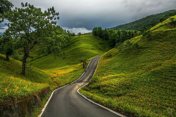 The serpentine road meanders among the green hills
