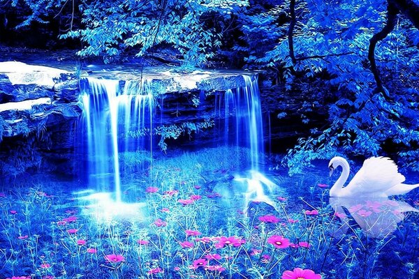 The movement of the water and the swan is resting under this neon splash and light