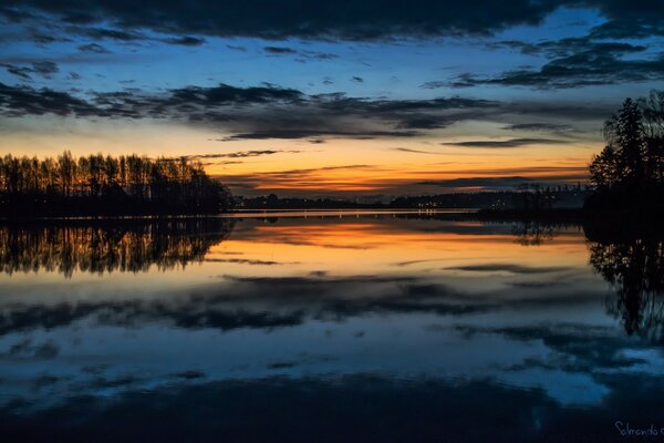 Sunset in the reflection of the lake